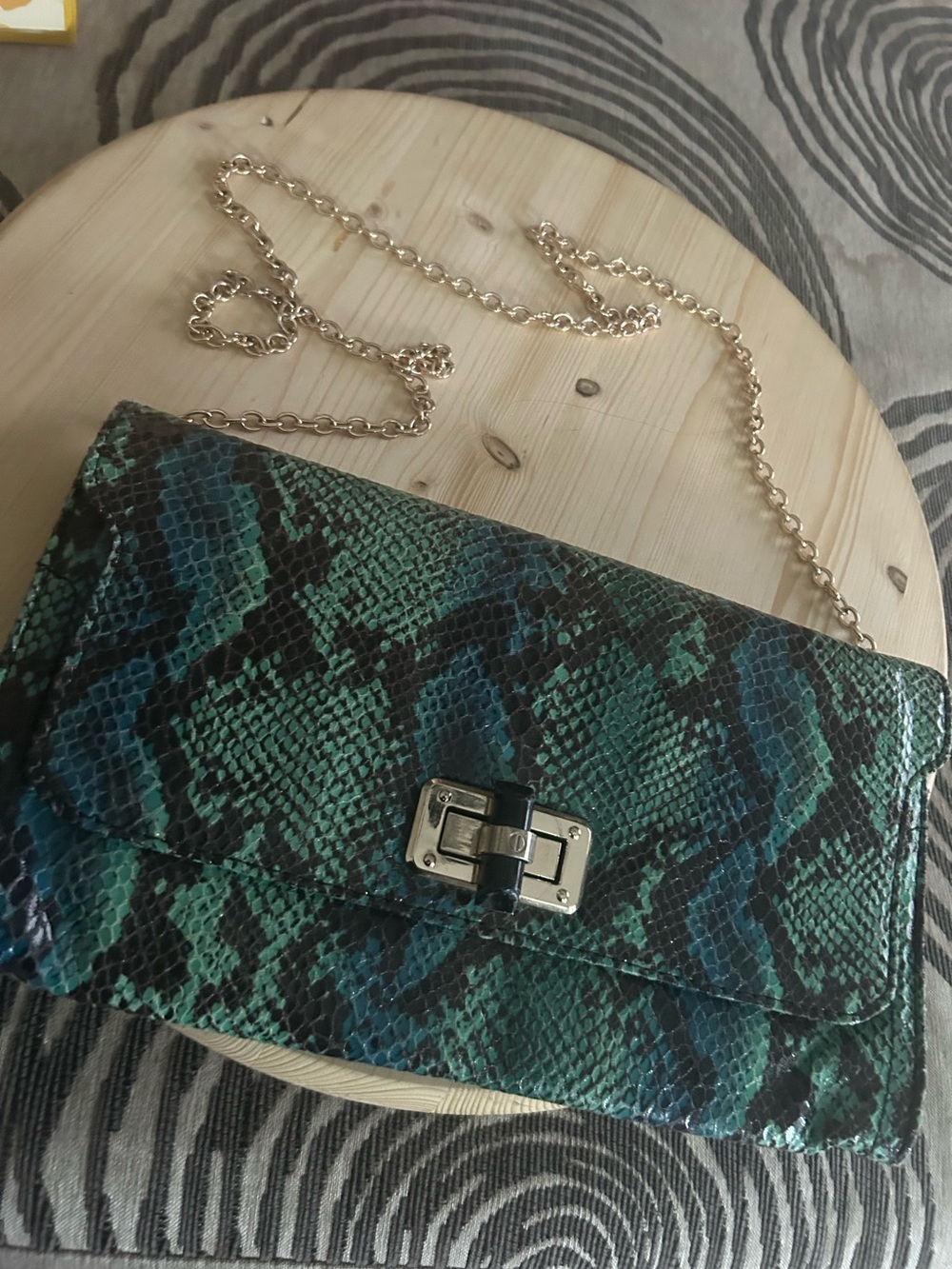 Big Buddha Green & Teal Snakeskin-Pattern Chain Clutch